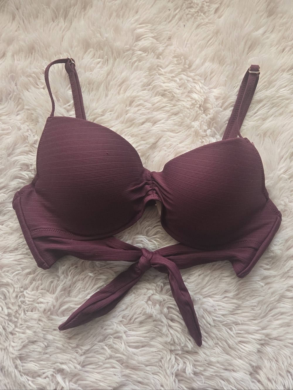 Shade & Shore Ribbed Maroon Tie-Front Bikini Top | 34B